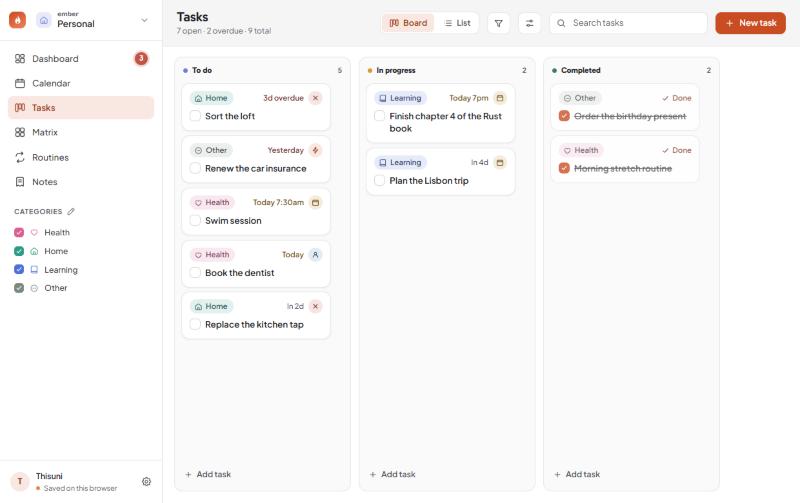 The task board with To do, In progress and Completed lanes holding cards with category pills and due dates.