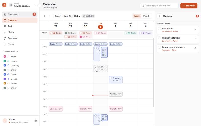 Ember’s week grid across every workspace: daily stand-ups, a two-hour client block with the time actually tracked beside it, lunch blocked out, a brand review and a weekly review, with a Catch-up panel listing what is overdue.