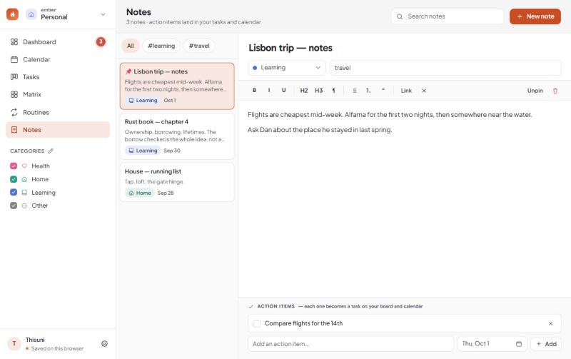 The notes screen: a list of notes on the left, an open note on the right, and an action items bar along the bottom.