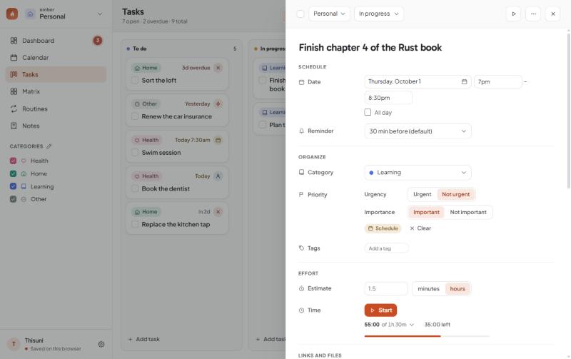 The task panel open beside the board: the workspace and lane pickers at the top, then the date and its hours, a reminder, category, priority, tags, a 1.5 hour estimate, and a timer showing 55 minutes tracked with 35 minutes left.