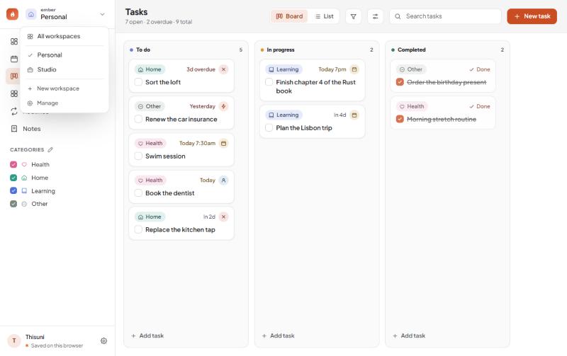 The workspace switcher open at the top of Ember's sidebar, listing All workspaces, Personal and Studio, with New workspace and Manage underneath.